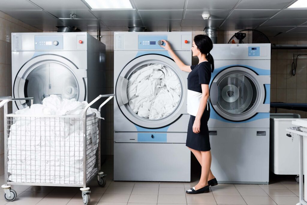 cheerful maid touching button on washing machine i 58zncpv.jpg